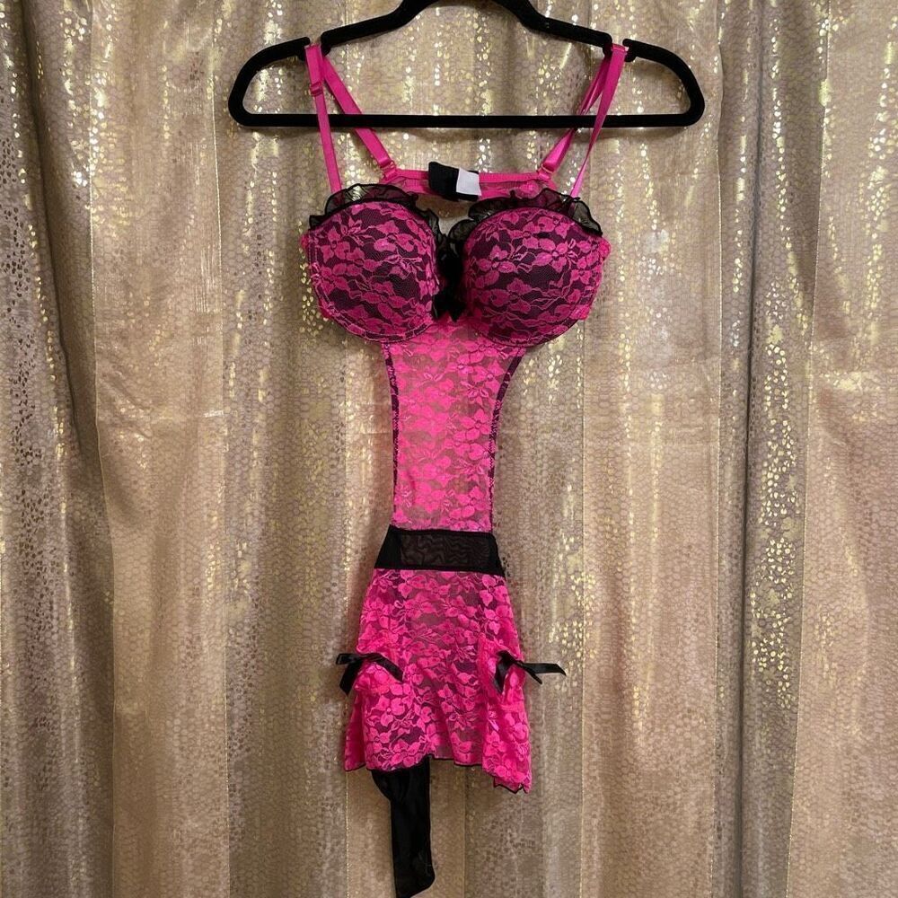 Hot Pink Black Lace Padded Push Up Tie Back Baby Doll Lingerie Med NWOT